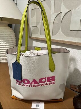 COACH White Tote with Pink Logo, Lime Handles & Blue Tag